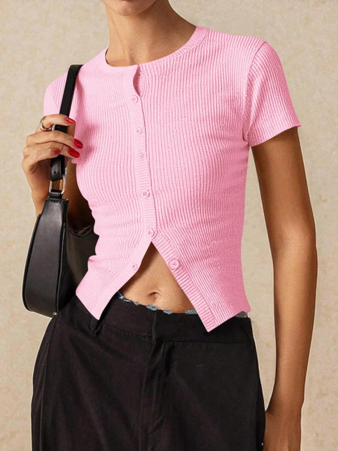 imageImily Bela Womens Short Sleeve Sweater Tops Summer Button Down Casual Ribbed Knit Slim Fit Cropped Cardigan ShirtsLight Pink