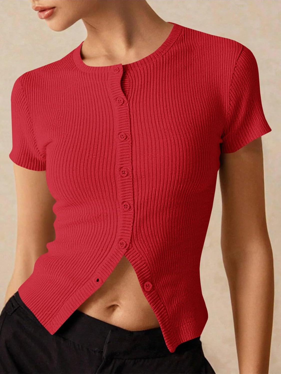 imageImily Bela Womens Short Sleeve Sweater Tops Summer Button Down Casual Ribbed Knit Slim Fit Cropped Cardigan ShirtsRed