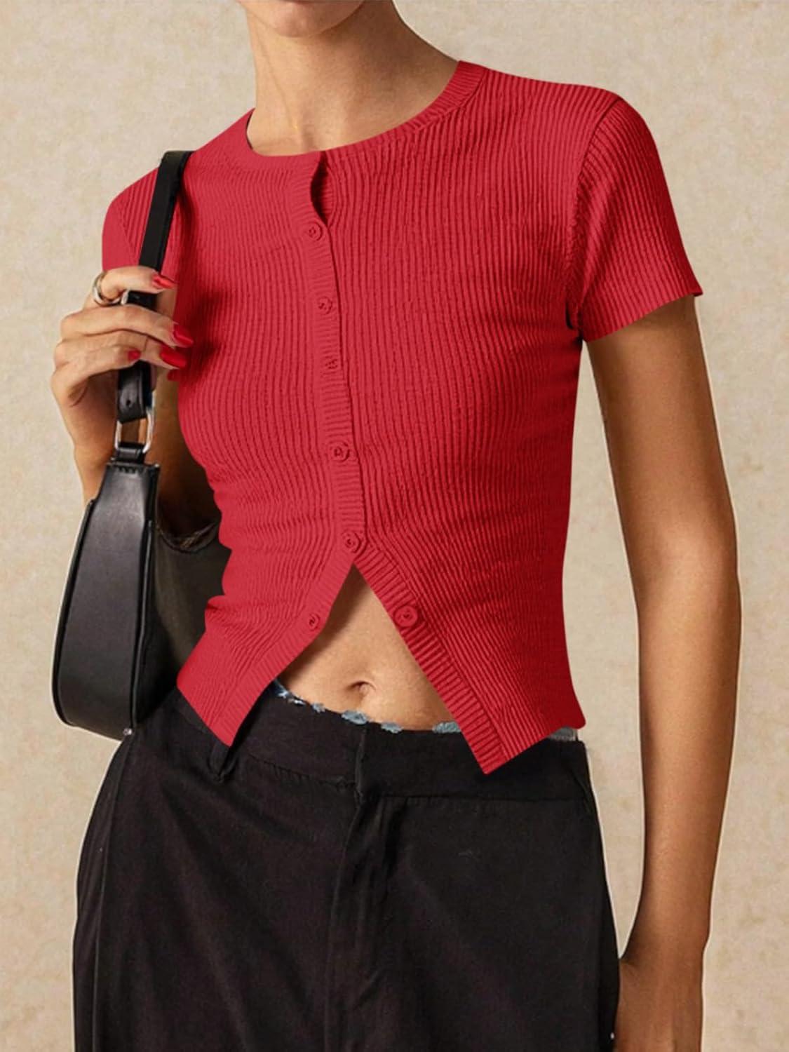 imageImily Bela Womens Short Sleeve Sweater Tops Summer Button Down Casual Ribbed Knit Slim Fit Cropped Cardigan ShirtsRed