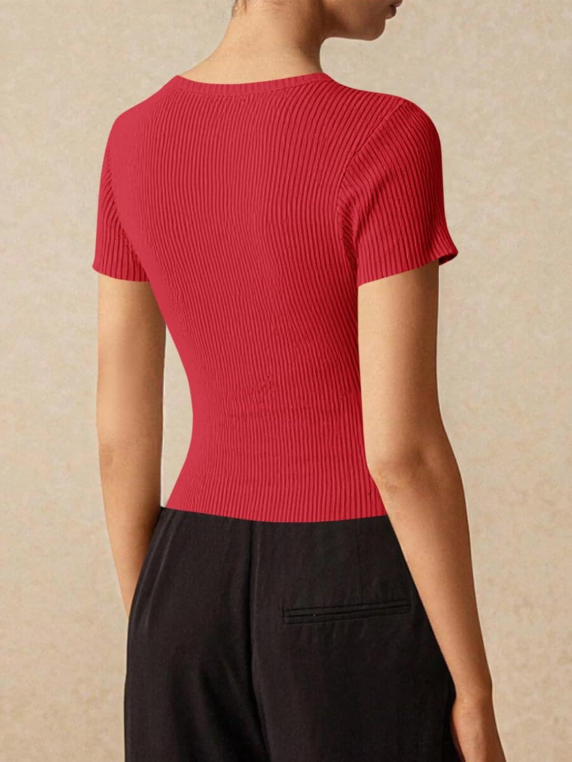 imageImily Bela Womens Short Sleeve Sweater Tops Summer Button Down Casual Ribbed Knit Slim Fit Cropped Cardigan ShirtsRed