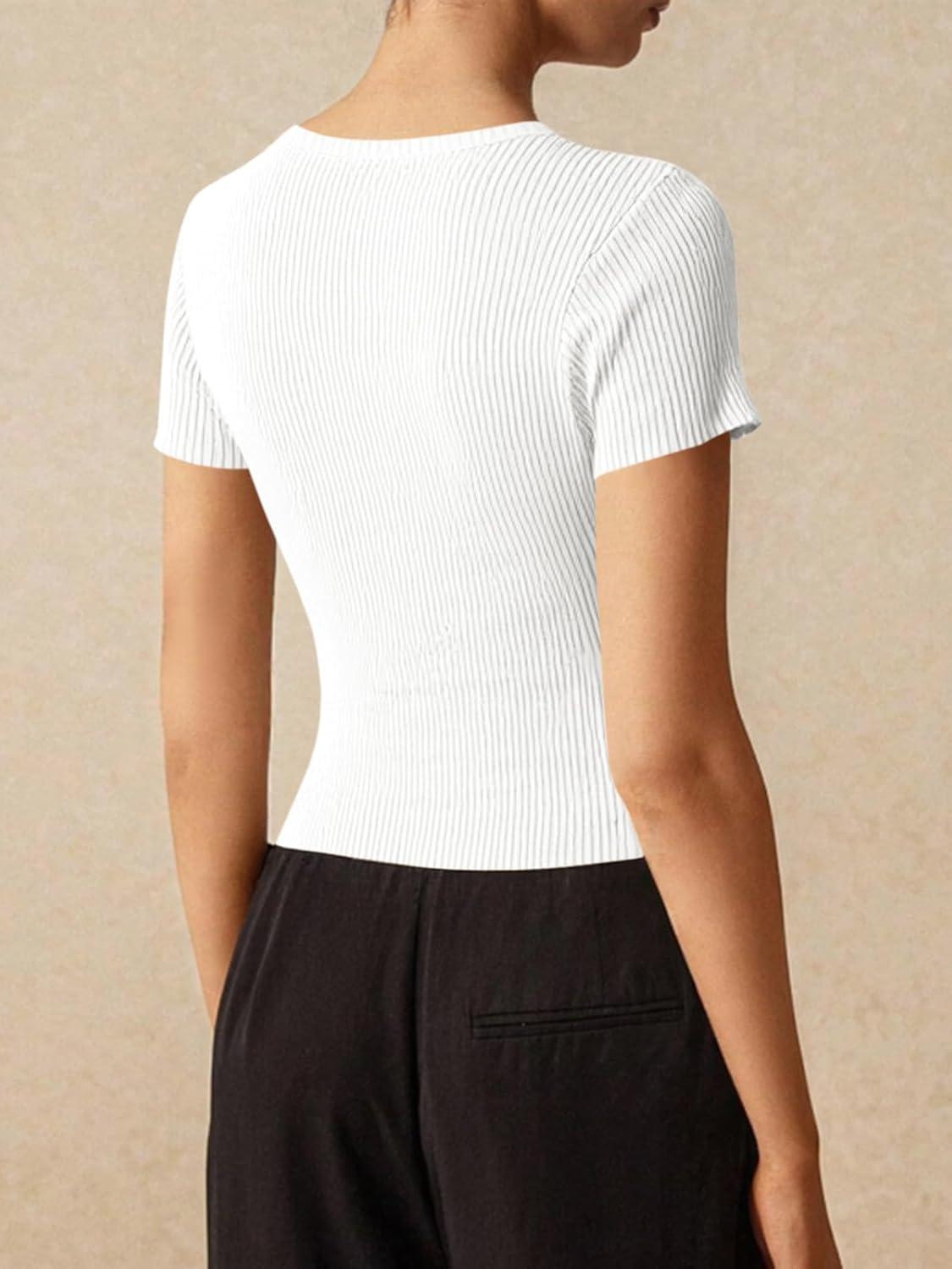 imageImily Bela Womens Short Sleeve Sweater Tops Summer Button Down Casual Ribbed Knit Slim Fit Cropped Cardigan ShirtsWhite