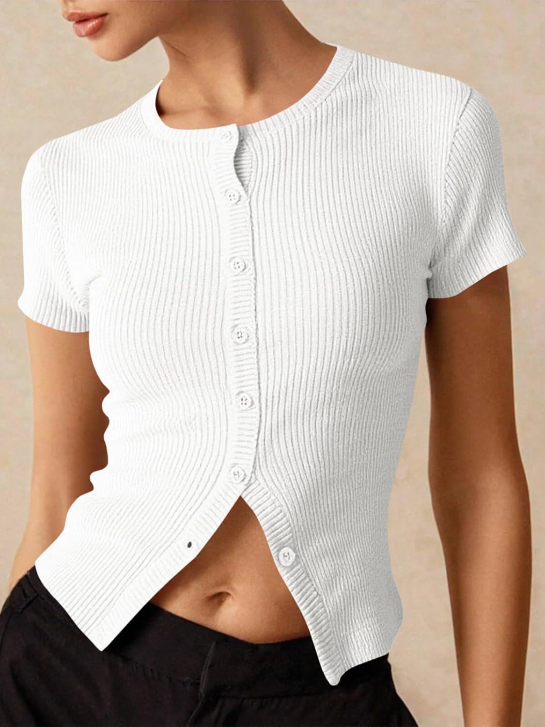 imageImily Bela Womens Short Sleeve Sweater Tops Summer Button Down Casual Ribbed Knit Slim Fit Cropped Cardigan ShirtsWhite