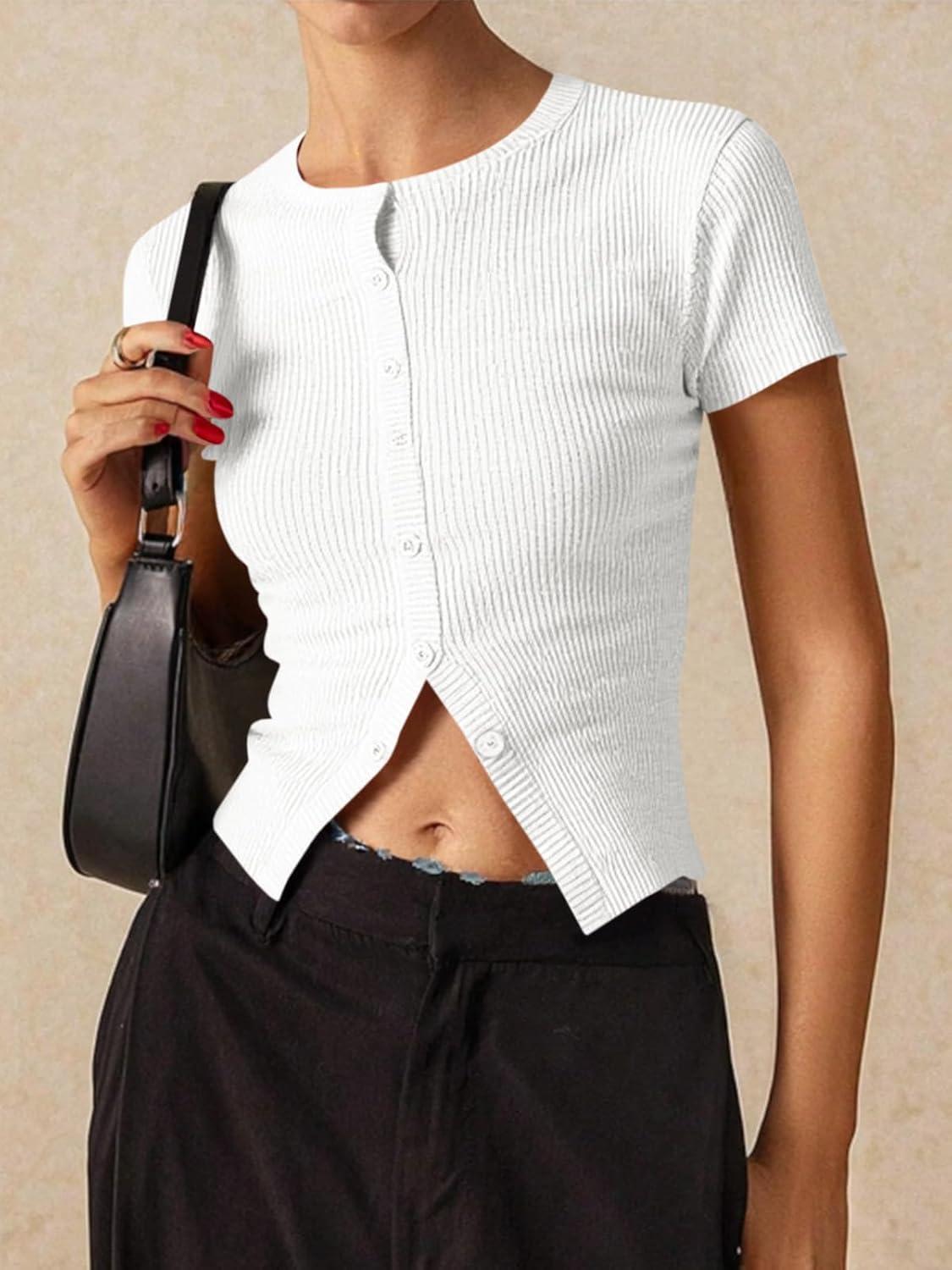 imageImily Bela Womens Short Sleeve Sweater Tops Summer Button Down Casual Ribbed Knit Slim Fit Cropped Cardigan ShirtsWhite
