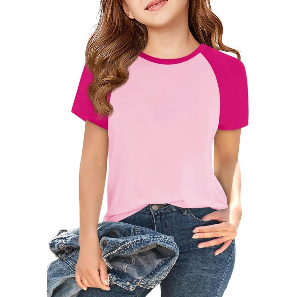 imageImily Bela Kids Girls T Shirts Casual Raglan Short Sleeve Crewneck Color Block Summer Tees 514 YearsRose Red