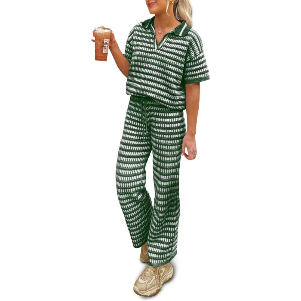 imageImily Bela Womens 2 Piece Outfits Striped Short Sleeve Sweater Tops Knit Sets Wide Leg Pants Lounge SetArmy Green