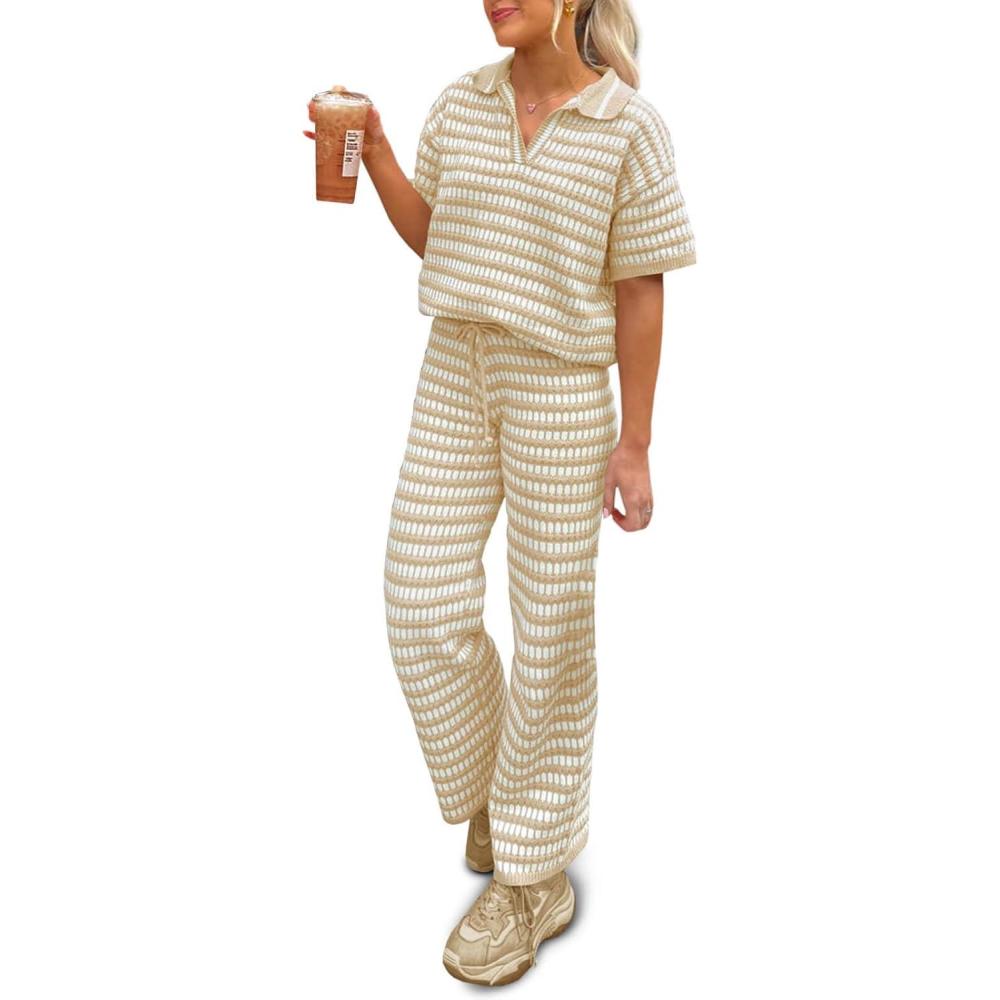 imageImily Bela Womens 2 Piece Outfits Striped Short Sleeve Sweater Tops Knit Sets Wide Leg Pants Lounge SetKhaki