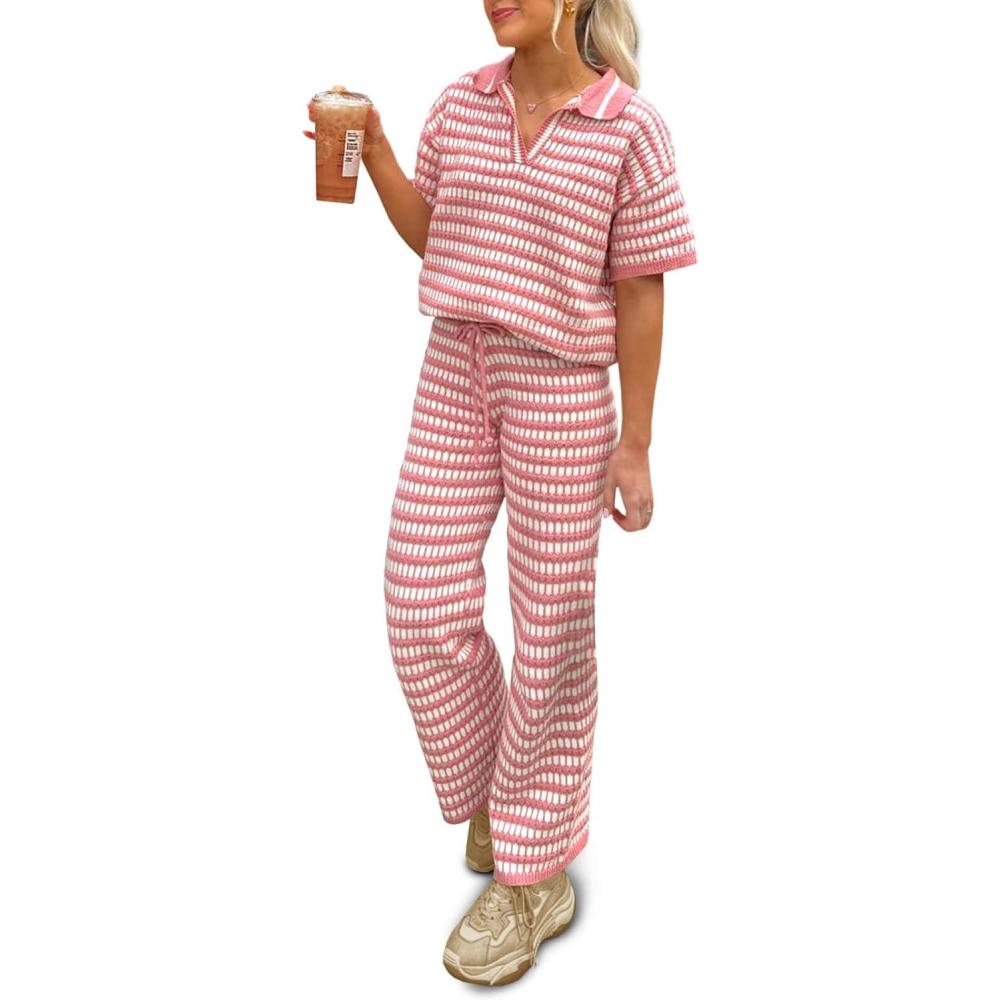 imageImily Bela Womens 2 Piece Outfits Striped Short Sleeve Sweater Tops Knit Sets Wide Leg Pants Lounge SetPink