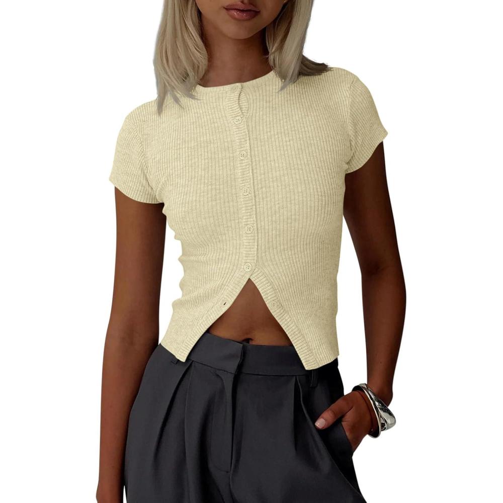 imageImily Bela Womens Short Sleeve Sweater Tops Summer Button Down Casual Ribbed Knit Slim Fit Cropped Cardigan ShirtsApricot