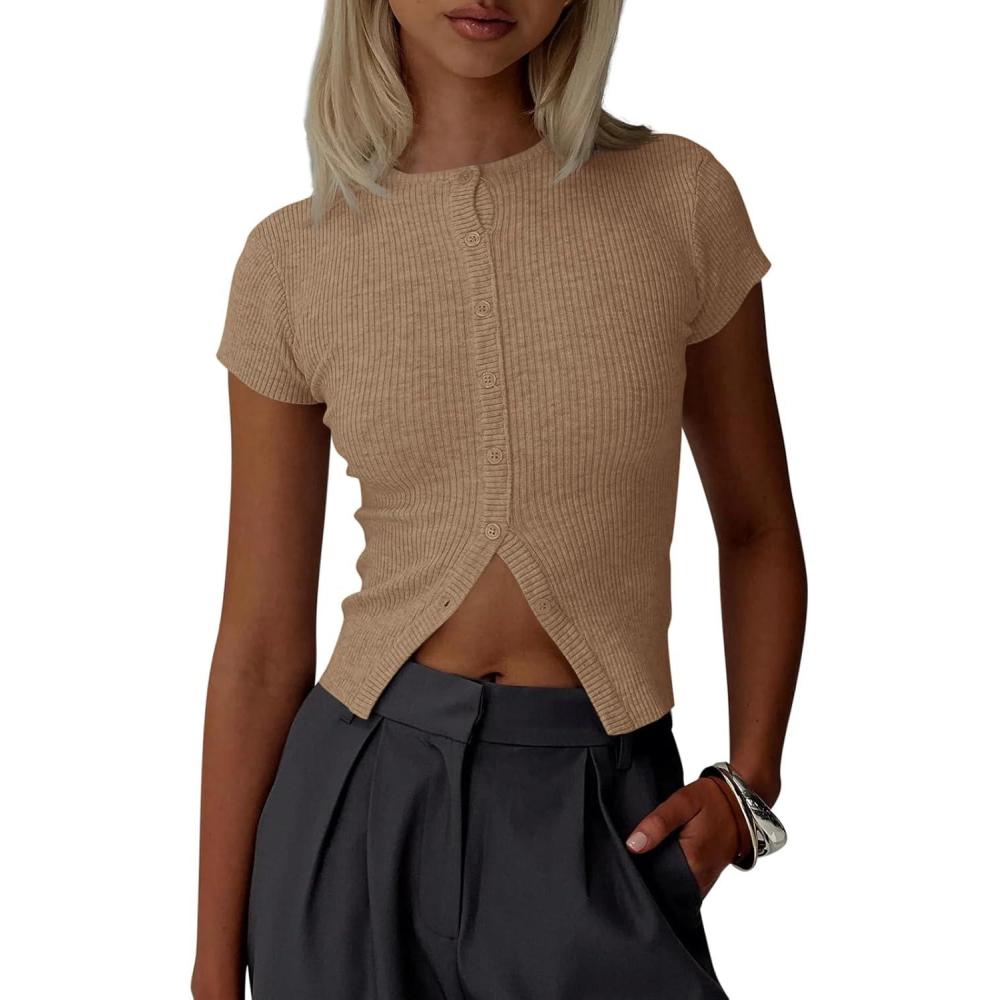 imageImily Bela Womens Short Sleeve Sweater Tops Summer Button Down Casual Ribbed Knit Slim Fit Cropped Cardigan ShirtsKhaki