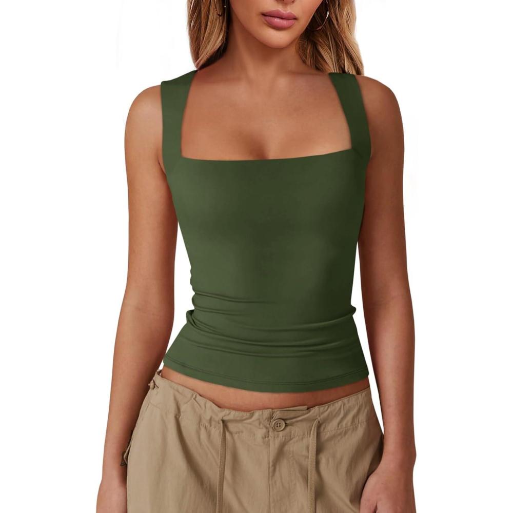 imageImily Bela Womens Square Neck Tank Tops Casual Sleeveless Slim Fit Going Out Y2K Summer Cropped ShirtsArmy Green