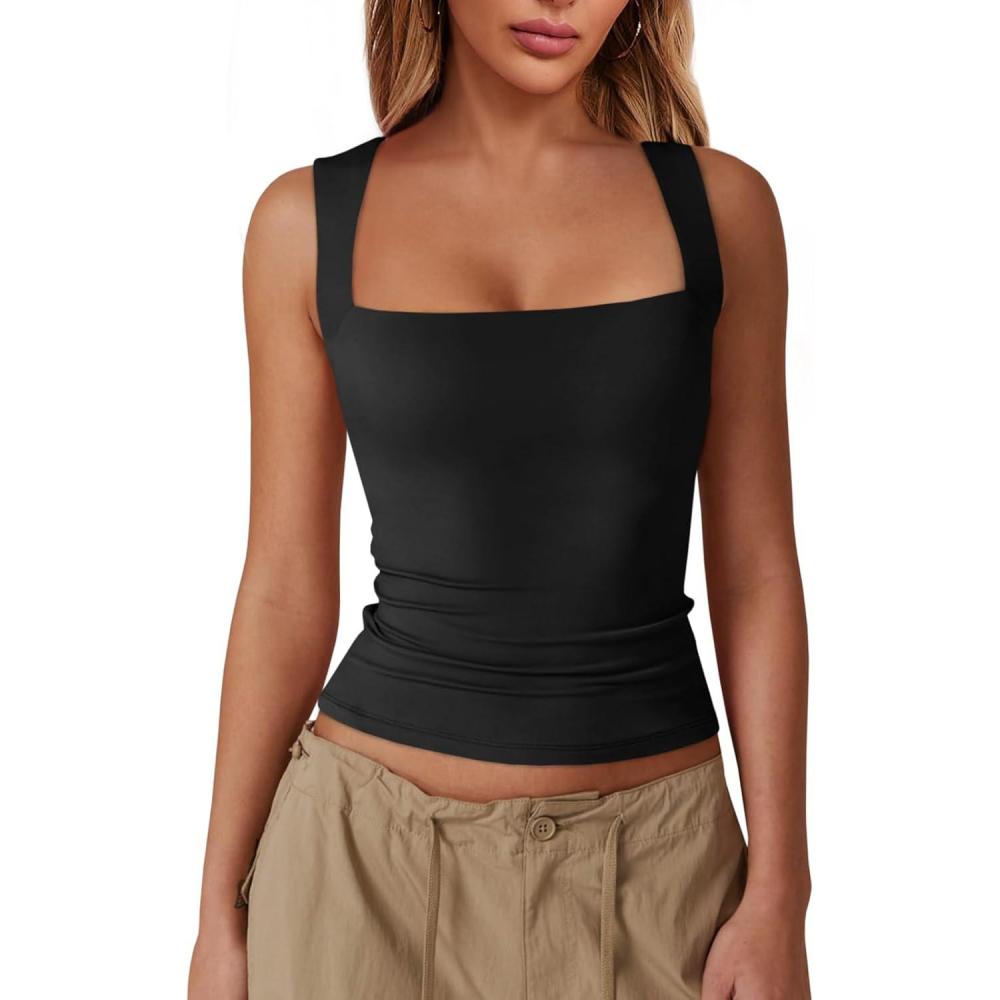 imageImily Bela Womens Square Neck Tank Tops Casual Sleeveless Slim Fit Going Out Y2K Summer Cropped ShirtsBlack