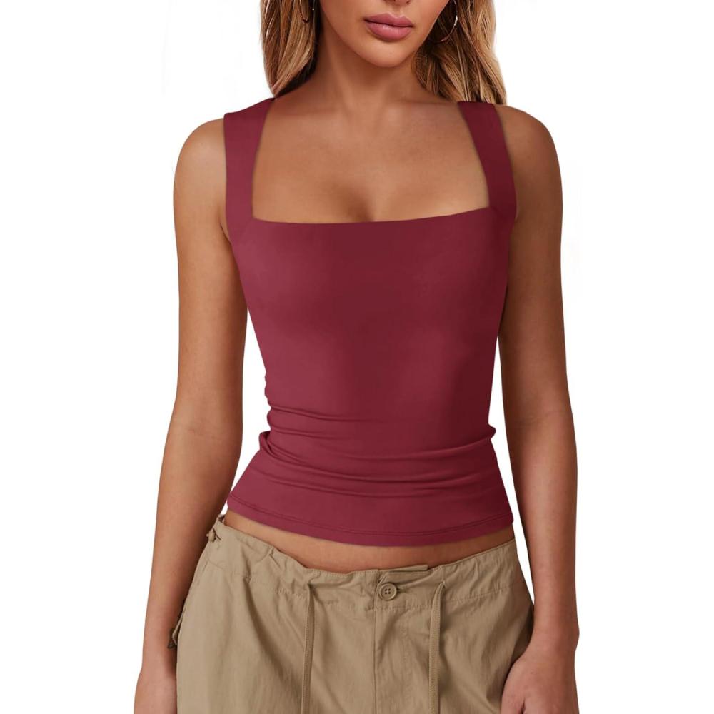imageImily Bela Womens Square Neck Tank Tops Casual Sleeveless Slim Fit Going Out Y2K Summer Cropped ShirtsBurgundy