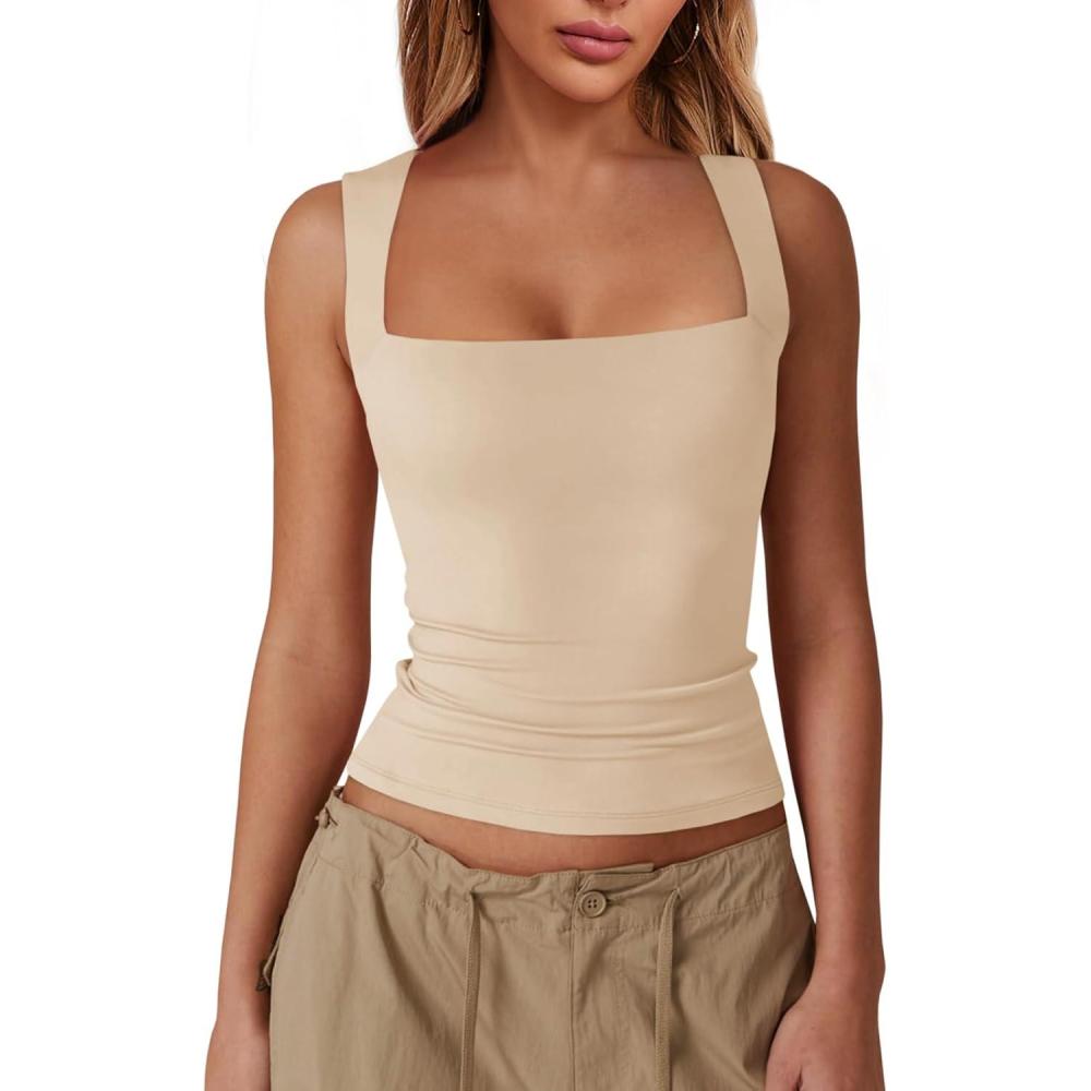 imageImily Bela Womens Square Neck Tank Tops Casual Sleeveless Slim Fit Going Out Y2K Summer Cropped ShirtsKhaki