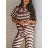 imageImily Bela Womens 2 Piece Outfits Striped Short Sleeve Sweater Tops Knit Sets Wide Leg Pants Lounge SetCoffee