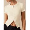 imageImily Bela Womens Short Sleeve Sweater Tops Summer Button Down Casual Ribbed Knit Slim Fit Cropped Cardigan ShirtsBeige