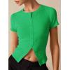 imageImily Bela Womens Short Sleeve Sweater Tops Summer Button Down Casual Ribbed Knit Slim Fit Cropped Cardigan ShirtsGreen