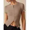 imageImily Bela Womens Short Sleeve Sweater Tops Summer Button Down Casual Ribbed Knit Slim Fit Cropped Cardigan ShirtsKhaki