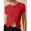 imageImily Bela Womens Short Sleeve Sweater Tops Summer Button Down Casual Ribbed Knit Slim Fit Cropped Cardigan ShirtsRed