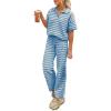 imageImily Bela Womens 2 Piece Outfits Striped Short Sleeve Sweater Tops Knit Sets Wide Leg Pants Lounge SetBlue