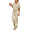 imageImily Bela Womens 2 Piece Outfits Striped Short Sleeve Sweater Tops Knit Sets Wide Leg Pants Lounge SetKhaki