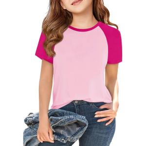 imageImily Bela Kids Girls T Shirts Casual Raglan Short Sleeve Crewneck Color Block Summer Tees 514 YearsRose Red