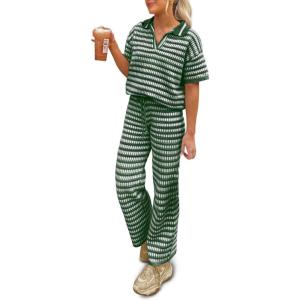 imageImily Bela Womens 2 Piece Outfits Striped Short Sleeve Sweater Tops Knit Sets Wide Leg Pants Lounge SetArmy Green