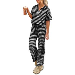 imageImily Bela Womens 2 Piece Outfits Striped Short Sleeve Sweater Tops Knit Sets Wide Leg Pants Lounge SetBlack