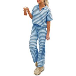 imageImily Bela Womens 2 Piece Outfits Striped Short Sleeve Sweater Tops Knit Sets Wide Leg Pants Lounge SetBlue