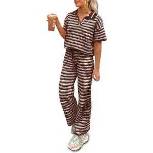 imageImily Bela Womens 2 Piece Outfits Striped Short Sleeve Sweater Tops Knit Sets Wide Leg Pants Lounge SetCoffee