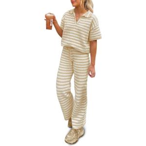 imageImily Bela Womens 2 Piece Outfits Striped Short Sleeve Sweater Tops Knit Sets Wide Leg Pants Lounge SetKhaki