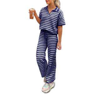 imageImily Bela Womens 2 Piece Outfits Striped Short Sleeve Sweater Tops Knit Sets Wide Leg Pants Lounge SetNavy