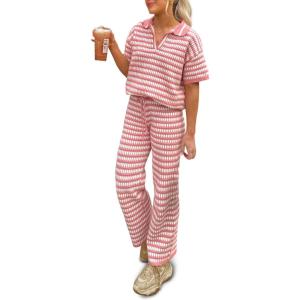 imageImily Bela Womens 2 Piece Outfits Striped Short Sleeve Sweater Tops Knit Sets Wide Leg Pants Lounge SetPink