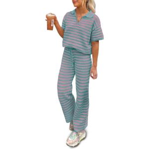 imageImily Bela Womens 2 Piece Outfits Striped Short Sleeve Sweater Tops Knit Sets Wide Leg Pants Lounge SetPink Blue