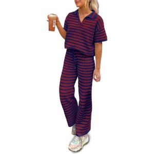 imageImily Bela Womens 2 Piece Outfits Striped Short Sleeve Sweater Tops Knit Sets Wide Leg Pants Lounge SetRed Blue