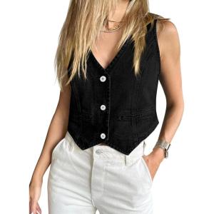 imageImily Bela Womens Denim Vest Sleeveless V Neck Button Down Jean Waistcoat Jacket Y2K Summer Crop TopsBlack