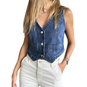 imageImily Bela Womens Denim Vest Sleeveless V Neck Button Down Jean Waistcoat Jacket Y2K Summer Crop TopsBlue
