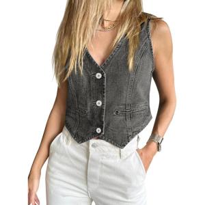 imageImily Bela Womens Denim Vest Sleeveless V Neck Button Down Jean Waistcoat Jacket Y2K Summer Crop TopsGrey