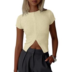 imageImily Bela Womens Short Sleeve Sweater Tops Summer Button Down Casual Ribbed Knit Slim Fit Cropped Cardigan ShirtsApricot