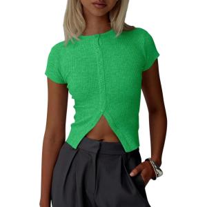 imageImily Bela Womens Short Sleeve Sweater Tops Summer Button Down Casual Ribbed Knit Slim Fit Cropped Cardigan ShirtsGreen