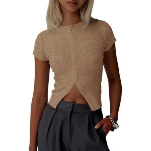 imageImily Bela Womens Short Sleeve Sweater Tops Summer Button Down Casual Ribbed Knit Slim Fit Cropped Cardigan ShirtsKhaki