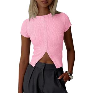 imageImily Bela Womens Short Sleeve Sweater Tops Summer Button Down Casual Ribbed Knit Slim Fit Cropped Cardigan ShirtsLight Pink