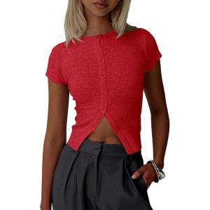 imageImily Bela Womens Short Sleeve Sweater Tops Summer Button Down Casual Ribbed Knit Slim Fit Cropped Cardigan ShirtsRed