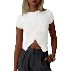 imageImily Bela Womens Short Sleeve Sweater Tops Summer Button Down Casual Ribbed Knit Slim Fit Cropped Cardigan ShirtsWhite