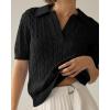 imageImily Bela Womens Cable Short Sleeve Sweaters Tops Solid Lapel V Neck Knit Casual Soft Pullover ShirtBlack