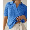 imageImily Bela Womens Cable Short Sleeve Sweaters Tops Solid Lapel V Neck Knit Casual Soft Pullover ShirtBlue