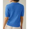 imageImily Bela Womens Cable Short Sleeve Sweaters Tops Solid Lapel V Neck Knit Casual Soft Pullover ShirtBlue