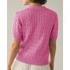 imageImily Bela Womens Cable Short Sleeve Sweaters Tops Solid Lapel V Neck Knit Casual Soft Pullover ShirtBright Pink