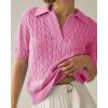 imageImily Bela Womens Cable Short Sleeve Sweaters Tops Solid Lapel V Neck Knit Casual Soft Pullover ShirtBright Pink