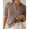 imageImily Bela Womens Cable Short Sleeve Sweaters Tops Solid Lapel V Neck Knit Casual Soft Pullover ShirtBrown