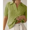 imageImily Bela Womens Cable Short Sleeve Sweaters Tops Solid Lapel V Neck Knit Casual Soft Pullover ShirtGrass Green